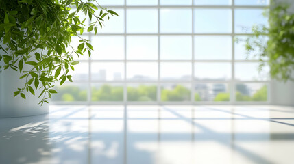 A bright, airy interior with large windows and lush greenery, creating a serene and inviting atmosphere.