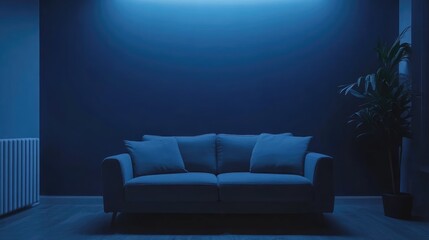 Interior of cozy modern living room with sofa against blank, dark blue wall.