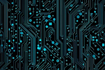 Abstract close-up of a glowing blue digital circuit board, showcasing intricate connections and technological design on a black background.
