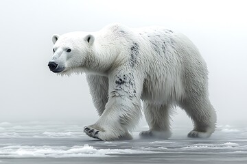 Fototapeta premium A polar bear walking on icy terrain in a misty environment.