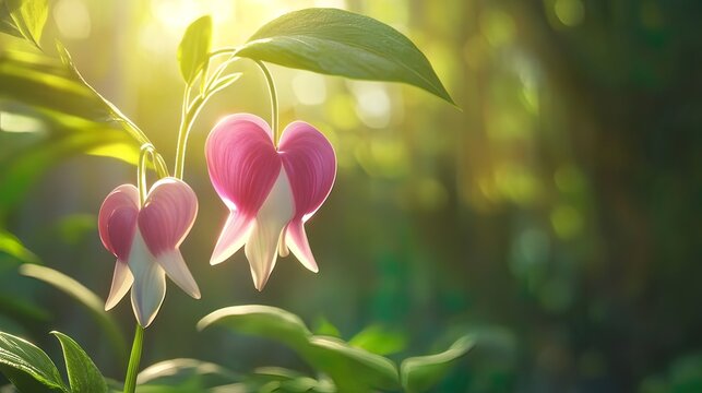 Two bleeding heart flowers backlit by sunlight in a garden.