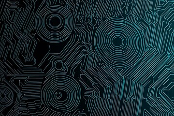 Abstract close-up of a glowing blue digital circuit board, showcasing intricate connections and technological design on a black background.
