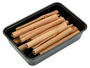 cinnamon sticks in plastic box isolated