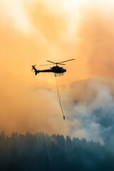 A rescue helicopter airlifting survivors from a forest fire, illustrating the intense efforts required to combat natural disasters and the risks faced by emergency responders