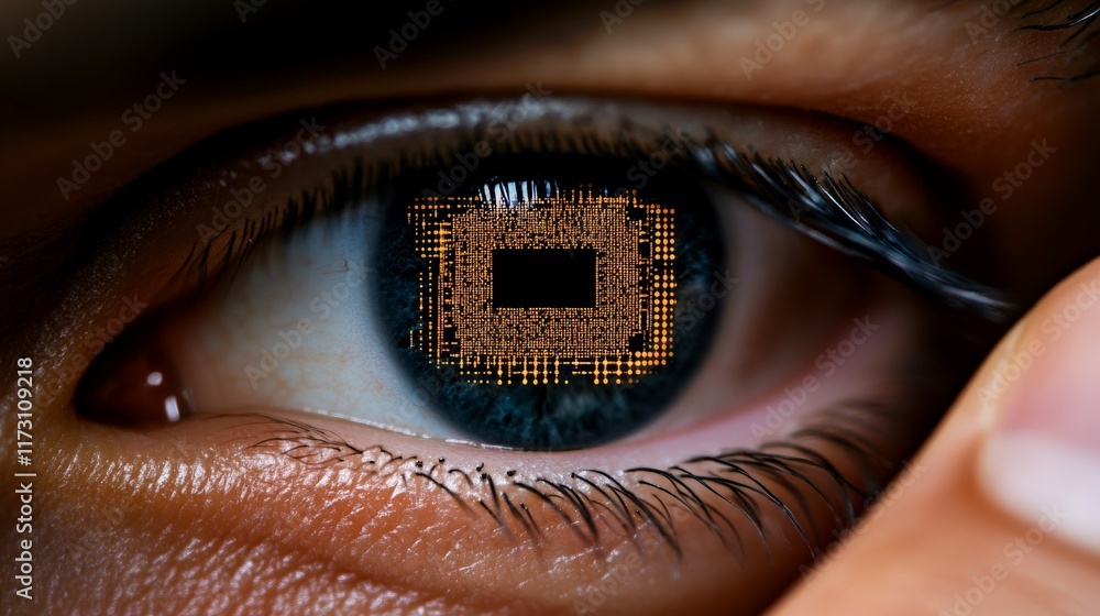 Poster the human circuit: a close-up of a human eye, with a microchip reflected in the iris, hinting at the