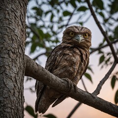 Obraz premium A potoo blending into a tree branch at dusk.
