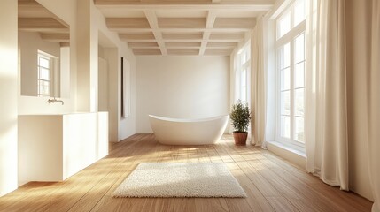 Fototapeta premium Interior shot of a spacious, white walled bathroom with a wooden floor and a white bathtub. On the floor, a rug. a wall model.