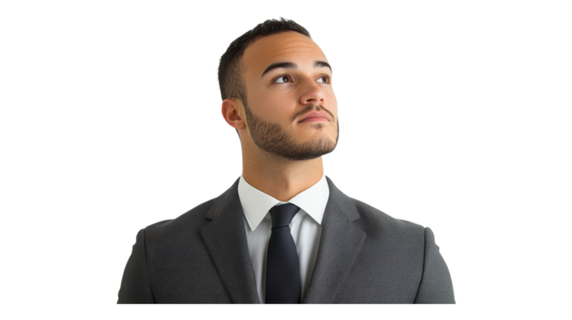 Confident man in a suit looking upward against a transparent background in a professional setting. - Powered by Adobe