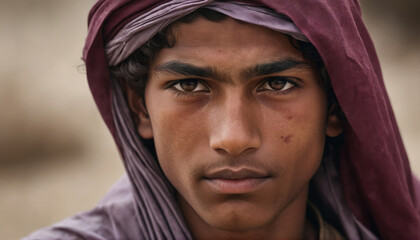 Portrait of a young boy in traditional attire showcasing his expressive gaze in a rural setting during daylight