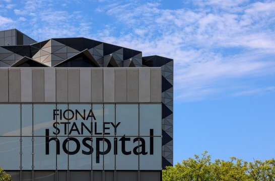 Perth, Western Australia, Australia - January 2 2024: Fiona Stanley Hospital name against building exterior. Major tertiary hospital Perth south metropolitan area. Public health care system. Medicare
