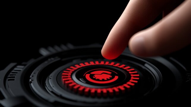 Fingertip Activation: A close-up shot captures the essence of digital control. A single fingertip, poised over a glowing red button, evokes the power and precision of technology. - Powered by Adobe
