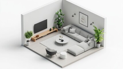isometric 3d render of a modern living room
