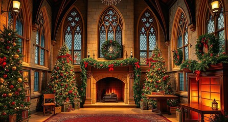 Fototapeta premium stock photo features a cozy Christmas room adorned with festive decorations and a crackling fireplace, creating a warm and inviting atmosphere for holiday gatherings and celebrations