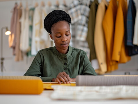 Focused young woman working on textile design in modern studio surrounded by vibrant fabrics and clothing samples in a creative environment - Powered by Adobe