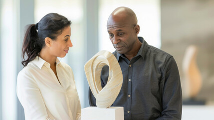 Woman and man admiring a modern sculpture in an art gallery with natural lighting and elegant decor that showcases artistic expression and creativity