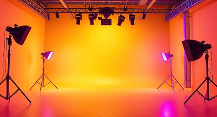 A 3D rendering of an empty photo studio with yellow room background, spotlight, and blank display, creating a versatile setting for various scenes