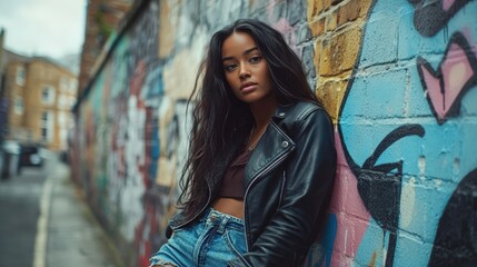 Naklejka premium Stylish woman poses confidently against vibrant graffiti wall in urban setting.