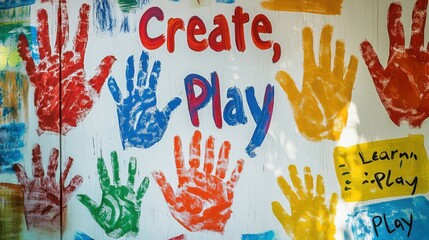 A colorful kindergarten wall with handprints.