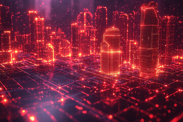 Obraz premium Red glowing digital city skyline at night with circuit network data flow