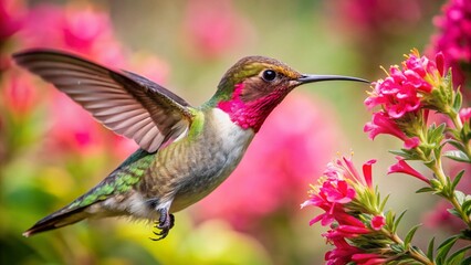 Fototapeta premium Anna's Hummingbird Feeding on Pink Flower in Phoenix, Arizona - Candid Wildlife Photography