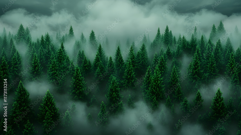 Aufkleber A misty forest scene featuring dense green trees partially shrouded in fog, creating a mysterious and tranquil atmosphere