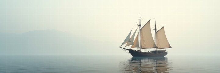 A majestic sailing ship glides through calm waters enveloped in soft mist, evoking a sense of tranquility and adventure.