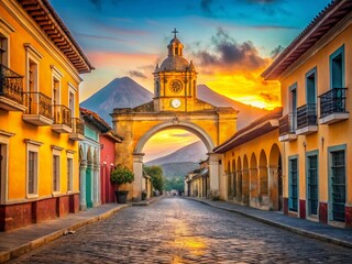 Fototapeta premium Antigua Guatemala Sunrise: Colorful Main Street, Yellow Arch & Agua Volcano