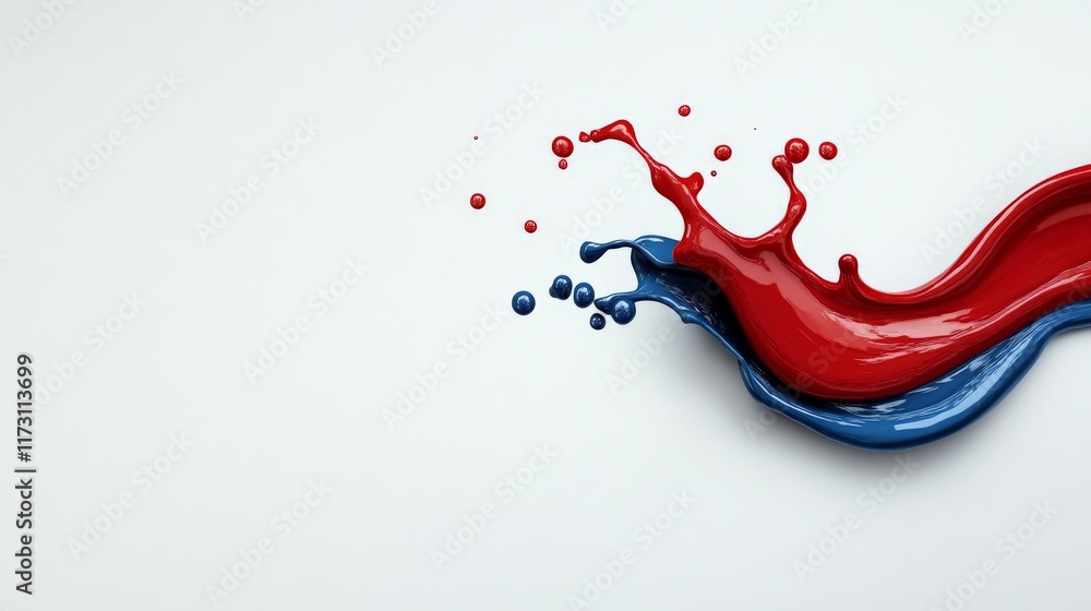 Poster red and blue paint splash: a dynamic and vibrant splash of red and blue paint. the colors blend and 