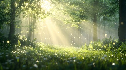 Fototapeta premium Morning sunlight breaks through green trees onto dewy grass, creating dreamy atmosphere with soft golden rays and misty bokeh effect in pristine spring scene.
