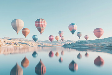 Obraz premium Beautiful hot air balloons rising into clear sky with tranquil reflections