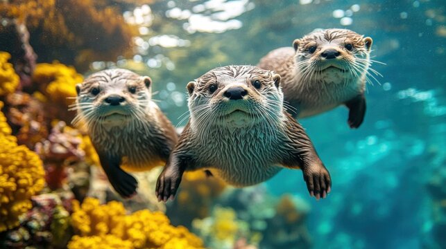 A playful group of three otters swimming.