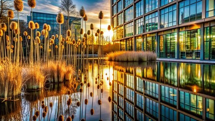 Architectural Photography: Fluff of Common Bulrush Reflecting Modern Building