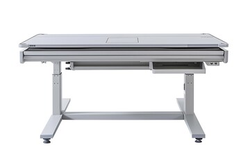 Adjustable office desk with a built-in drawer on a white background