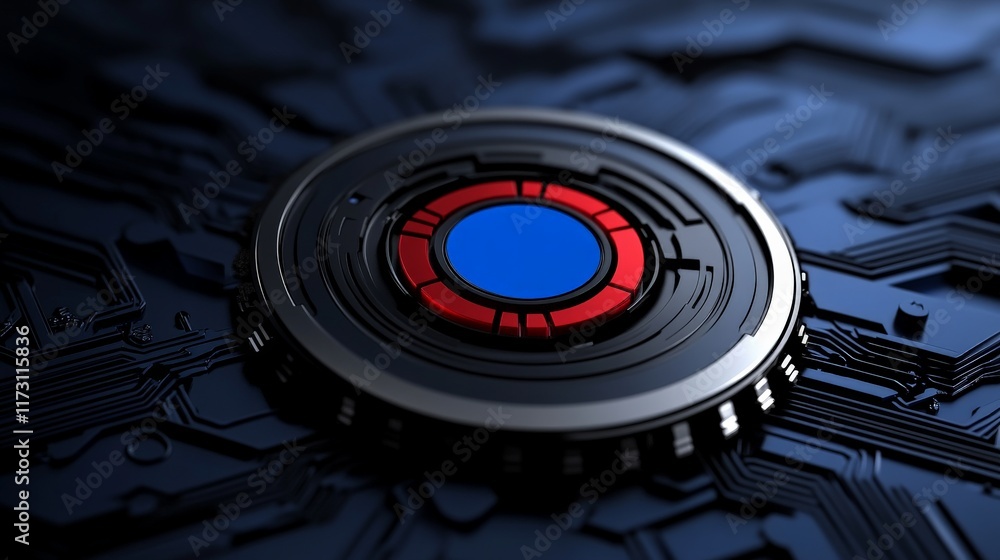Poster cybernetic core: close-up of a futuristic, circular technological component with red and blue accent