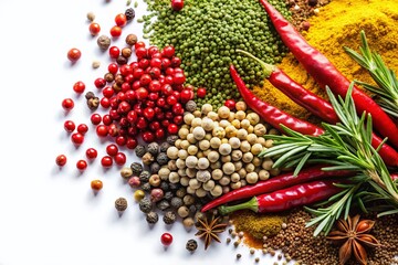 Aromatic Spice Blend: Red Peppercorns, Dill, Coriander, Curry, Rosemary & Chili Flakes on White