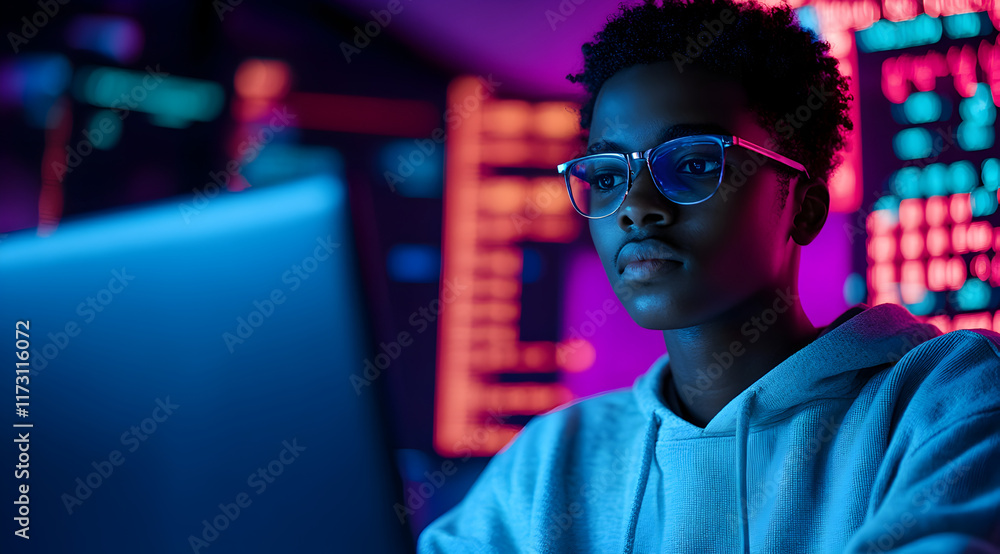 Poster a focused young individual wears glasses while working on a computer amidst vibrant digital displays