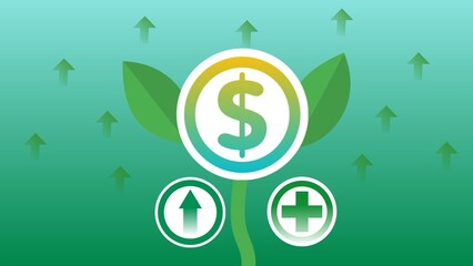 Financial rise increase concept idea banner desin illustration with money tree plant, positive sign, arrow and dollar sign all on a gradient background 