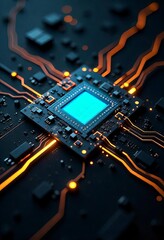 Fototapeta premium Illuminated Microchip on Circuit Board