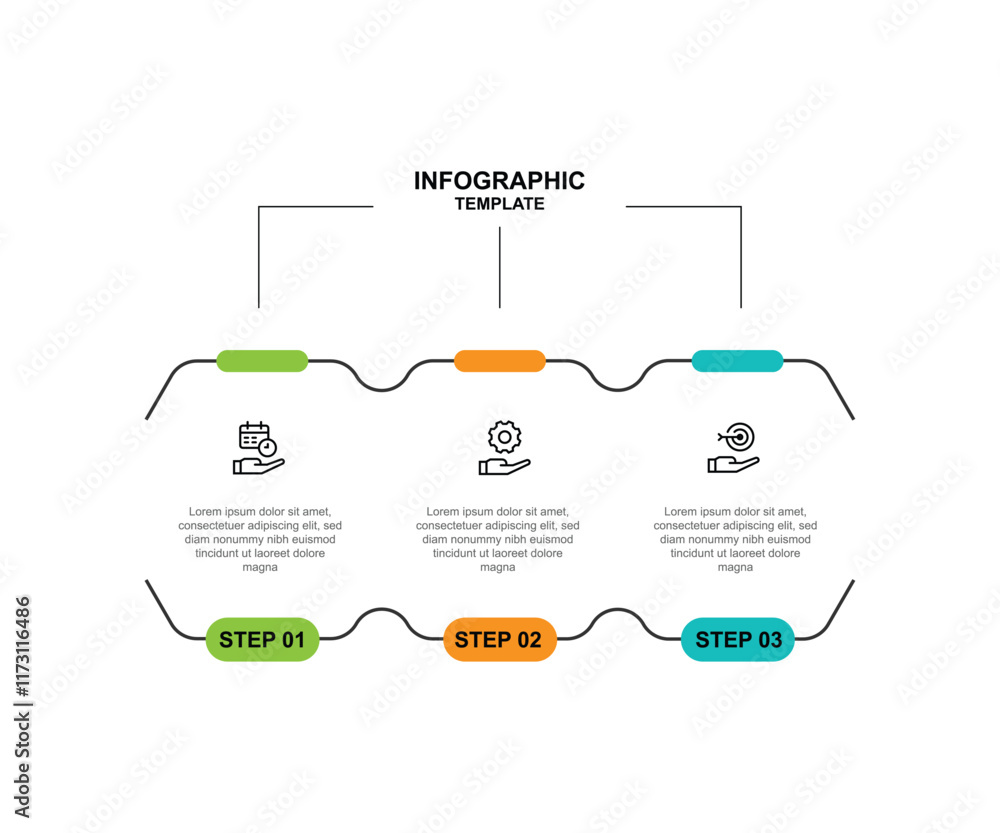 Poster 3 step line process infographic template with icons suitable for business information and web presentation 
