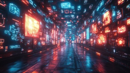 Obraz premium Futuristic corridor filled with glowing digital screens.