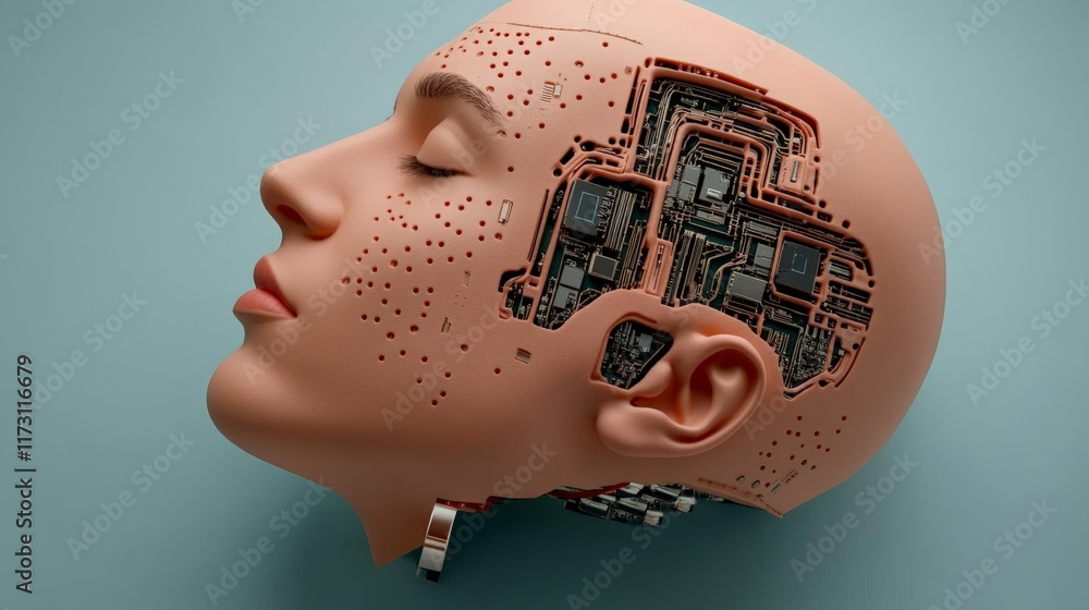 Poster cybernetic mind: unveiling the intricate circuitry within a serene, robotic head, a captivating blen