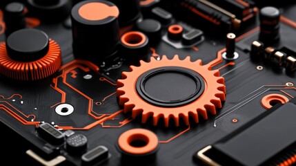 Precision Engineering: A close-up shot reveals intricate details of a circuit board, with a prominent orange gear symbolizing the precision and complexity of modern technology.  
