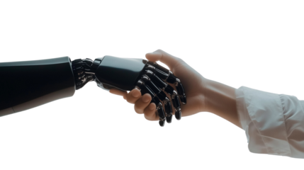 Human hand shaking robotic hand in a futuristic exchange, isolated on white and transparent Background