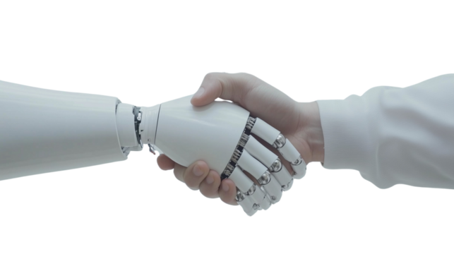 Human hand shaking with a robotic arm, symbolizing technology and unity, isolated on white and transparent Background