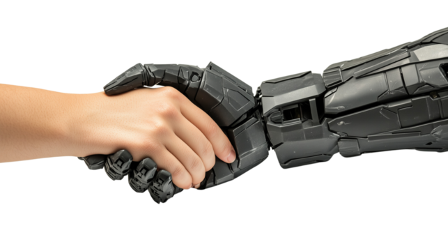Human hand shaking robotic arm in a symbol of futuristic cooperation, isolated on white and transparent Background