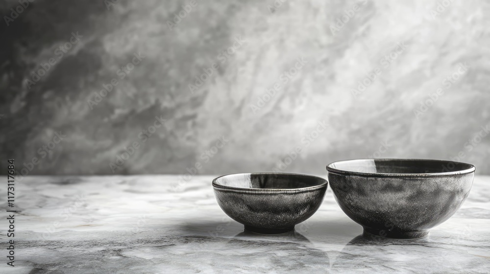 Poster kitchen marble stone table table with empty bowls background. empty copy space for text or product