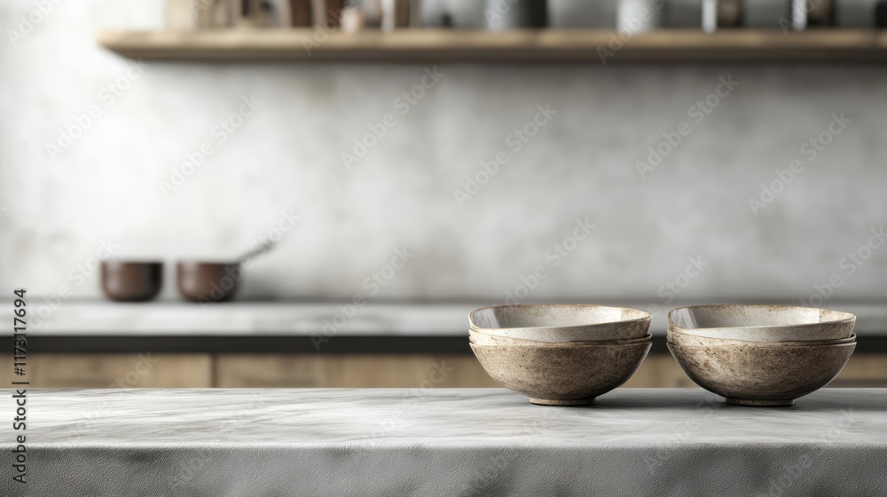 Poster kitchen marble stone table table with empty bowls background. empty copy space for text or product
