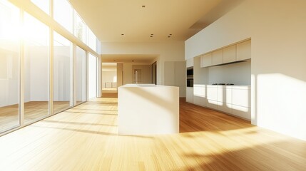 Fototapeta premium Kitchen interior in beautiful new luxury home with kitchen island and wooden floor, bright modern minimal style, with copy space