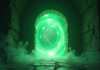 Mystical green portal with swirling energy in an ancient stone archway