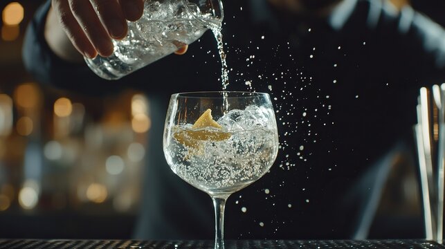 Bartender creates a refreshing gin and tonic with vibrant tonic water bubbles